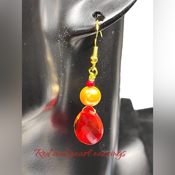 Yellow pearl and Red crystal drop Earrings - Picture 2 of 9